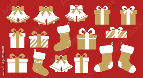A collection of golden and white Christmas bells, gift boxes, and stockings on a vibrant red background, perfect for holiday designs.