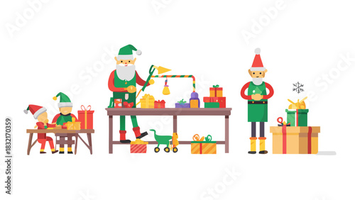 Inside Santa’s workshop filled with toy-making elves, colorful gifts, wooden tables, gears, ribbons, machines humming, magical warm lighting, festive hustle and bustle preparing for Christmas Eve