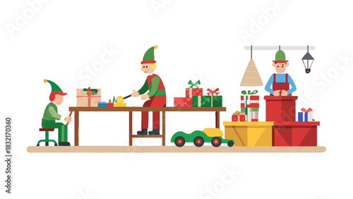 Inside Santa’s workshop filled with toy-making elves, colorful gifts, wooden tables, gears, ribbons, machines humming, magical warm lighting, festive hustle and bustle preparing for Christmas Eve