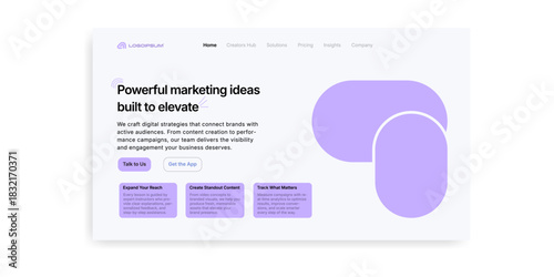 A website design showcasing marketing ideas with lilac accents and a clean interface layout style