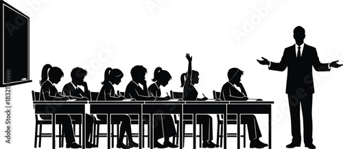 Classroom education silhouette, teacher instructing students, learning environment illustration, school classroom scene, student participation concept, academic teaching graphic 