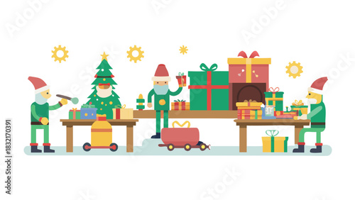 Inside Santa’s workshop filled with toy-making elves, colorful gifts, wooden tables, gears, ribbons, machines humming, magical warm lighting, festive hustle and bustle preparing for Christmas Eve