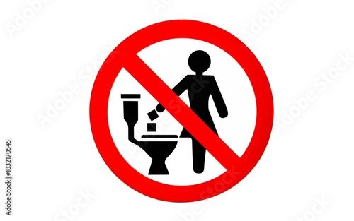 Do not flush trash in toilet sign illustration icon. No littering in restroom or WC. Forbidden throw rubbish or garbage symbol.
