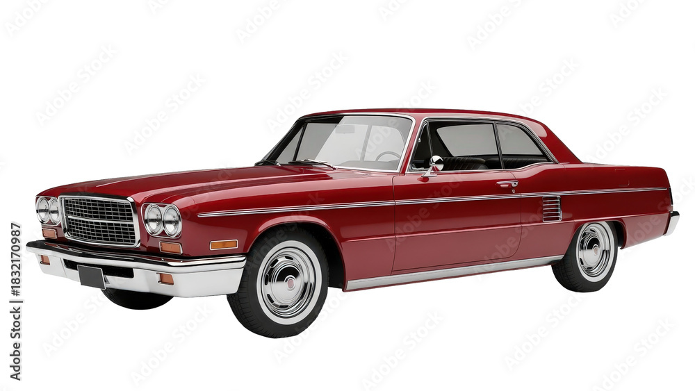 Obraz premium Red classic car with chrome details, front side view, cut out, stock png, isolated on transparent background