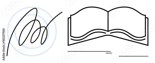 Hand-drawn digital signature with authentication icon and minimalistic open book graphic. Ideal for digital documentation, legal validation, copyright, e-signatures, education, publishing, branding