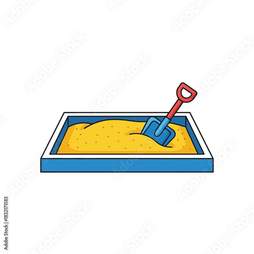 a brightly colored illustration depicts a rectangular sandbox filled with yellow sand and a small red and blue shovel sticking into it