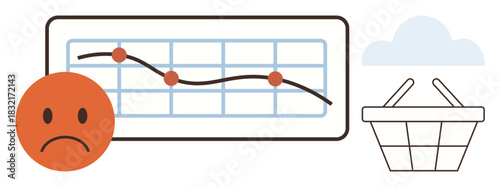 Sad face beside sales trend line graph indicating decrease. Empty basket symbolizes low retail activity. Ideal for business decline, loss, market crisis, consumer struggle, analytics, recession