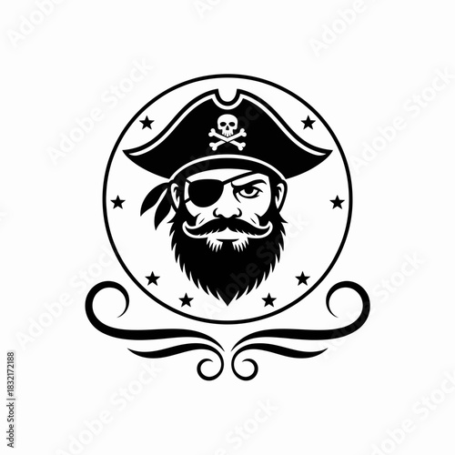 Pirate Logo Illustration – Vintage Black and White Pirate Head Emblem with Eyepatch and Hat.