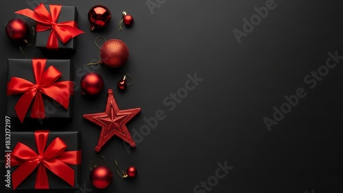A stylish Christmas composition featuring black gift boxes wrapped with bright red ribbons, surrounded by red ornaments and decorative elements on a dark background.