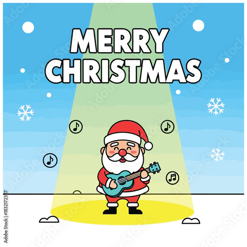 Minimalist cartoon Santa Claus playing teal ukulele under yellow spotlight in snowy scene with Merry Christmas text and festive vibe
