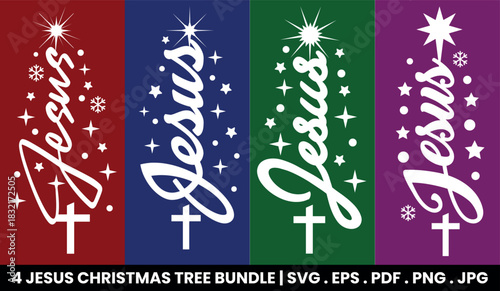 Jesus Christmas Tree Silhouette Glowing Christian Religious Holiday EPS Vector Illustration Clipart for T-shirt Sublimation.