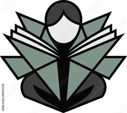 Abstract figure reading open book logo surrounded by geometric green leaf shapes symbol