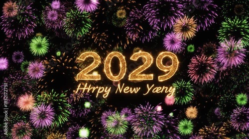 Golden '2029 Happy New Year' text surrounded by vibrant purple, green, and orange fireworks exploding against a dark night sky.