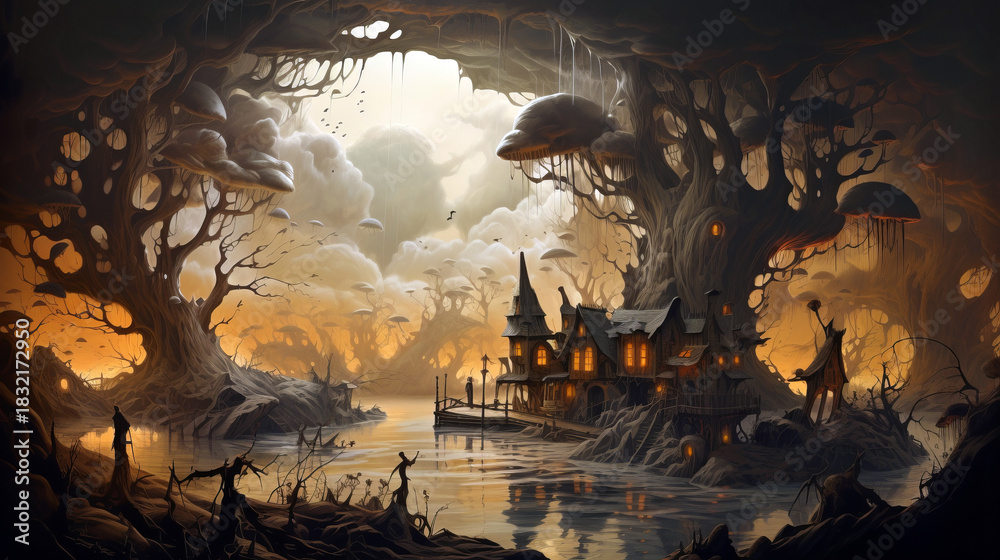 Obraz premium A mysterious fantasy village with glowing windows sits by a calm river inside a vast ancient forest of surreal tree forms, creating an enchanting fairytale atmosphere.