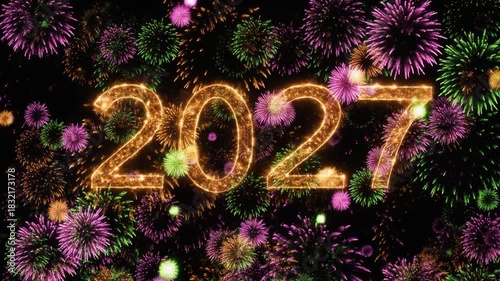 Golden sparkling numbers 2027 with vibrant fireworks exploding in a dark night sky, celebrating a new year.