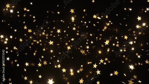 Golden star confetti falling against a dark background, creating a festive and magical atmosphere for celebrations.