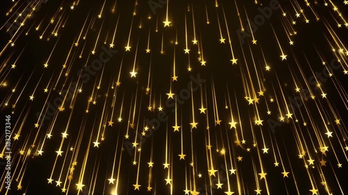 Golden stars with glowing trails falling against a dark background, creating a dazzling and celebratory effect.
