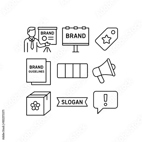 Collection of hand drawn icons representing branding and marketing concepts