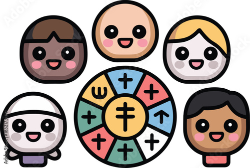 Diverse group of happy young people surrounding a colorful circular chart symbol