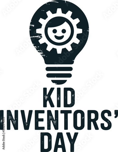 Kid inventors' day grunge logo banner featuring child face inside lightbulb and gear graphic