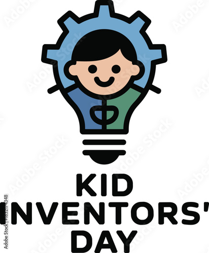 Kid inventors day logo lightbulb with smiling child head inside gear mechanism vector
