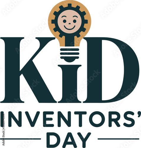 Kid inventors' day logo typography with lightbulb and happy face gear inside