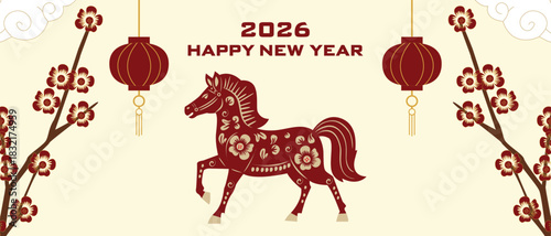 Chinese Lunar New Year 2026 web banner featuring a red horse illustration in traditional Chinese style, festive oriental design, lucky symbols, and decorative holiday elements