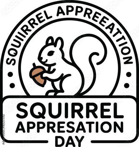 Outline style squirrel appreciation day vector stamp with simple cute rodent holding acorn logo