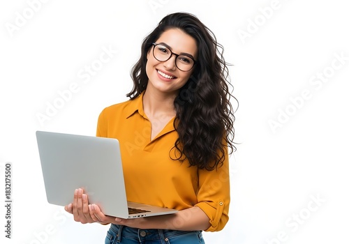 Smiling young woman with curly hair holding a laptop