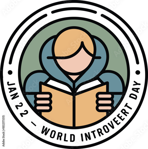 World introvert day january twenty second woman reading book circle logo vector illustration (90 characters)