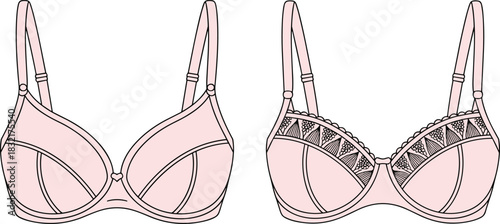 Bra vector flat sketch, lingerie technical fashion illustration, women underwear design template, pink lace brassiere mockup, isolated apparel drawing