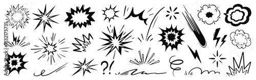 Line speed boom cartoon effect element set. Comic boom burst, explosive smoke, line speed cartoon  vector icon. Line Hand drawn sketch doodle action effect. Vector illustration