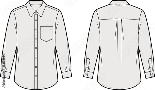 Long sleeve button up shirt flat sketch, vector technical drawing, fashion design template, front and back view, apparel mockup