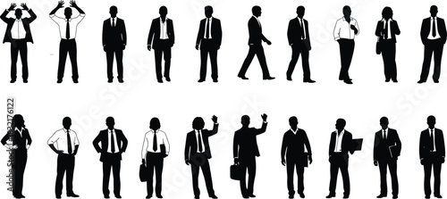 Business people silhouettes set, diverse professional men, women wearing formal suits, walking, standing poses, leadership, career, corporate team concept, vector design, white background