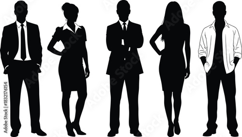 Business people silhouettes, corporate professionals standing, leadership concept, women and men teamwork, office group, formal fashion, anonymous shadow figures on white background.