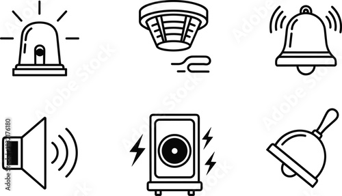 Alarm and Audio Icon Set, alert symbols, siren outline, notification graphics, sound wave icons, loudspeaker sketch, safety warning signs, black white UI icon pack, system alerts vector bundle