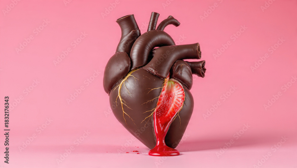 Naklejka premium Detailed chocolate anatomical heart with golden cracks, revealing a strawberry slice and red juice dripping on a pink background.