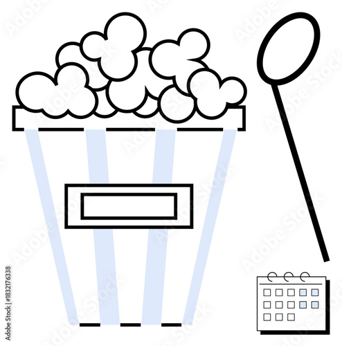 Box of popcorn, movie ticket, and calendar suggest leisure, entertainment, and scheduling time for activities. Ideal for movie night planning, entertainment, relaxation, events scheduling leisure