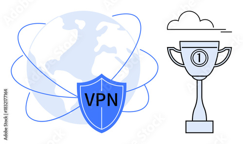 VPN concept. VPN shield icon with a world map internet security and global connectivity. VPN protecting online activity, promoting privacy, and digital safety. Suitable for technology, cybersecurity