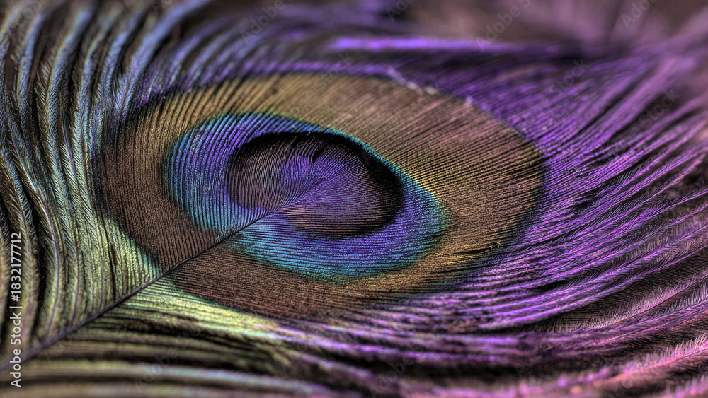 Fototapeta premium Close-up of a peacock feather, showcasing vibrant iridescent colors and intricate details. The eye-spot shimmers with purple, blue, green, and gold.