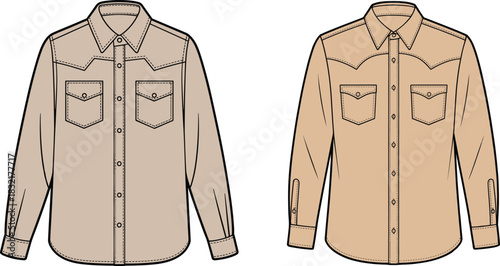 Western shirt vector flat sketch, technical fashion illustration, beige cowboy top design template, long sleeve button up mockup, menswear apparel drawing, isolated