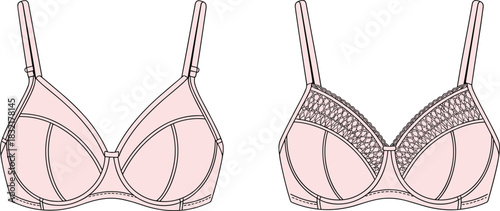 Women's bra technical sketch, fashion flat design template, vector lingerie illustration, pink underwear mockup, front view with lace details, apparel