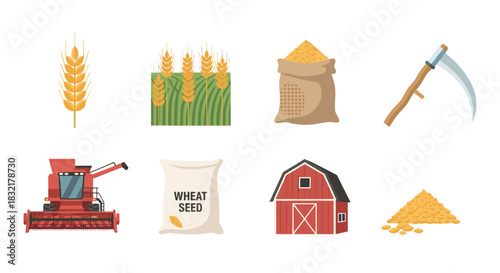 Agriculture tools and harvest icons set for farm and crop design projects