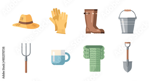Colorful farming tools and accessories collection with flat style design