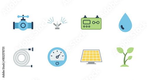 Gardening tools icons: irrigation, water conservation, plant growth