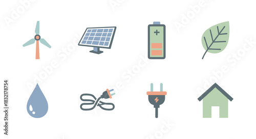 Eco-friendly power icons set: solar, wind, and energy efficient symbols