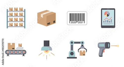 Warehouse logistics and automation icons featuring robotics and technology