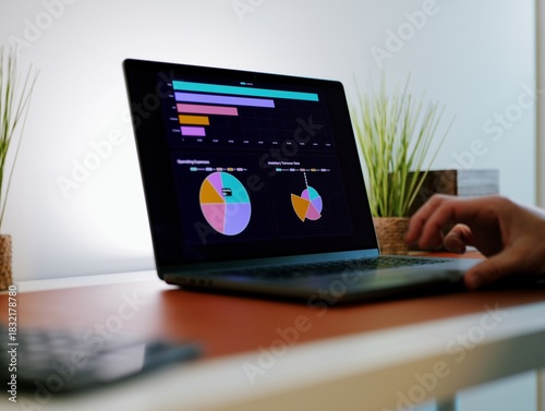Business professional analyzing colorful sales funnel, ROI, inventory dashboards on laptop - Perfect for SaaS, analytics, fintech, data themes