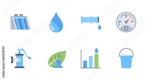 Water conservation icons: pipe, leaf, pump, drop, and chart symbols with flat design
