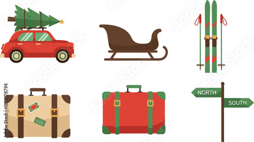 Christmas Travel Vector Set, festive family trip, red car roof tree, sleigh silhouette, vintage suitcases, ski equipment, north south signpost, winter travel illustrations